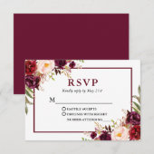 Modern Elegant Burgundy Floral Wedding RSVP Kaartje (Voorkant / Achterkant)