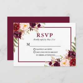 Modern Elegant Burgundy Floral Wedding RSVP Kaartje