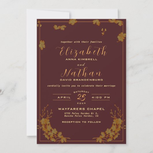 Modern Elegant Burgundy & Gold Floral Wedding Kaart (Voorkant)