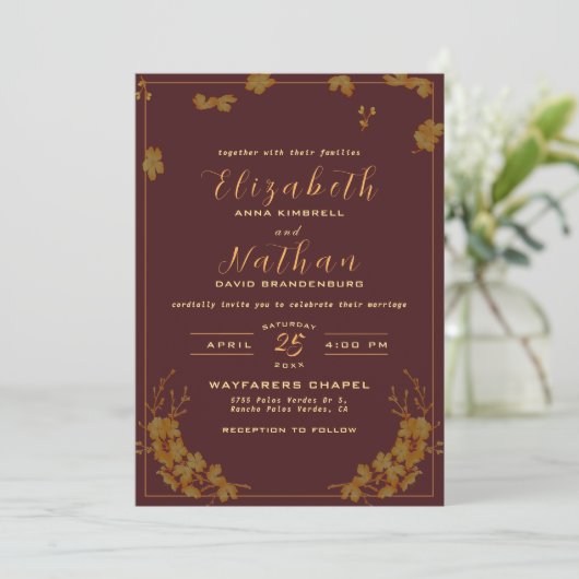 Modern Elegant Burgundy & Gold Floral Wedding Kaart (Staand voorkant)