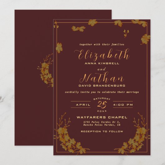 Modern Elegant Burgundy & Gold Floral Wedding Kaart (Voorkant / Achterkant)