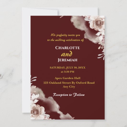 Modern Elegant Burgundy & Gold Floral Wedding Kaart (Voorkant)