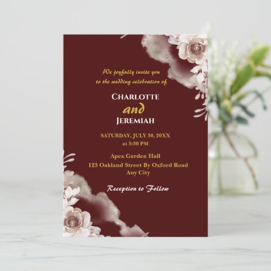 Modern Elegant Burgundy & Gold Floral Wedding Kaart (Staand voorkant)