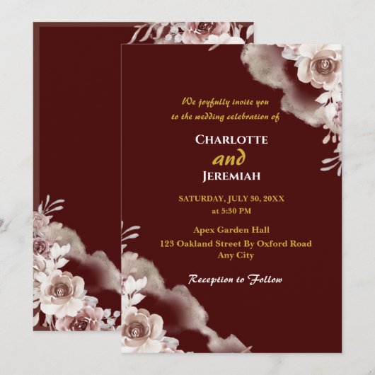 Modern Elegant Burgundy & Gold Floral Wedding Kaart (Voorkant / Achterkant)