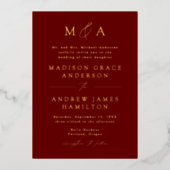 Modern Elegant Burgundy Monogram Foto Weddenschap Folie Uitnodiging (Voorkant)