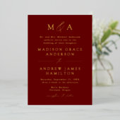 Modern Elegant Burgundy Monogram Foto Weddenschap Folie Uitnodiging (Staand Voorkant)