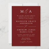 Modern Elegant Burgundy Monogram Weddenschap Kaart (Voorkant)