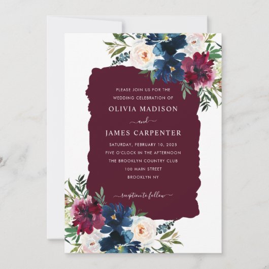 Modern Elegant Burgundy Navy Blue Floral Wedding Kaart (Voorkant)