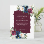 Modern Elegant Burgundy Navy Blue Floral Wedding Kaart (Staand voorkant)