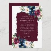 Modern Elegant Burgundy Navy Blue Floral Wedding Kaart (Voorkant / Achterkant)