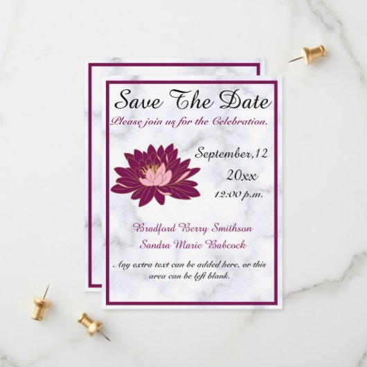 Modern Elegant, Burgundy Pink Marble Save The Date (Voorkant / Achterkant in situ)