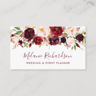 Modern Elegant Burgundy Waterverf Floral Visitekaartje