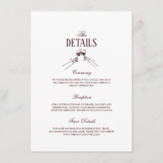 Modern Elegant Burgundy Wedding Details  Informatiekaartje (Voorkant)