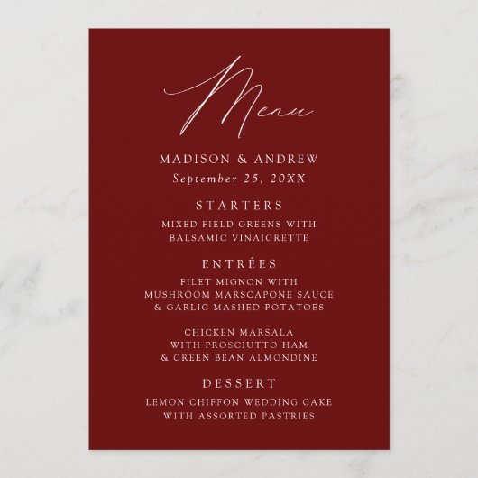 Modern Elegant Burgundy Wedding Menu (Voorkant)