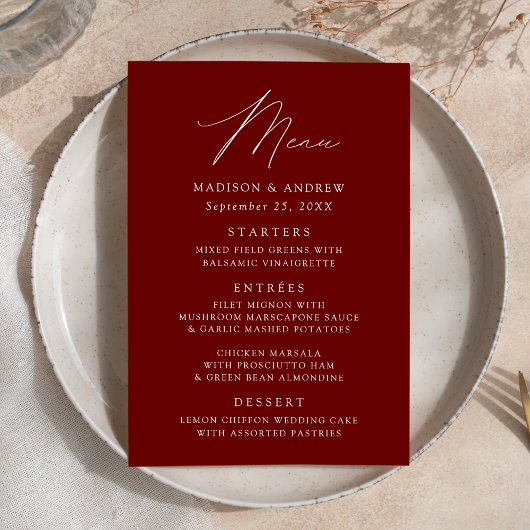 Modern Elegant Burgundy Wedding Menu
