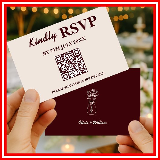 Modern Elegant Burgundy Wedding QR CODE RSVP Kaartje