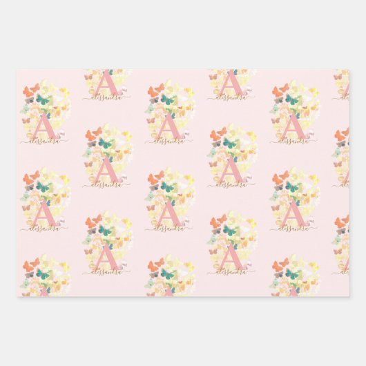 modern elegant butterfly monogram zwarte gouden na inpakpapier vel (Voorkant 3)