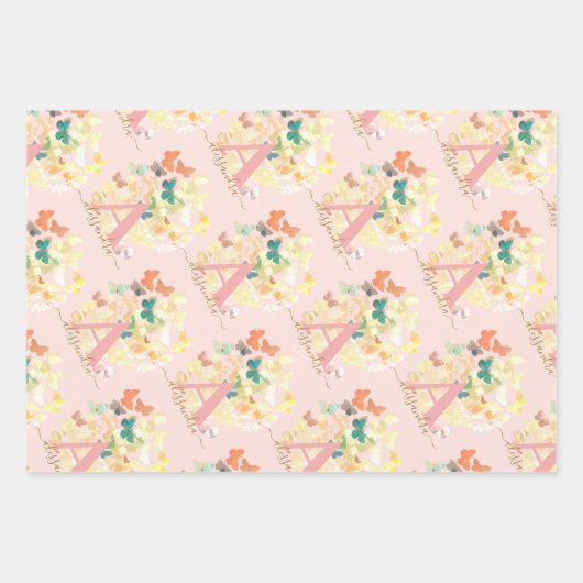 modern elegant butterfly monogram zwarte gouden na inpakpapier vel (Voorkant 2)