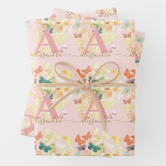 modern elegant butterfly monogram zwarte gouden na inpakpapier vel (In situ)