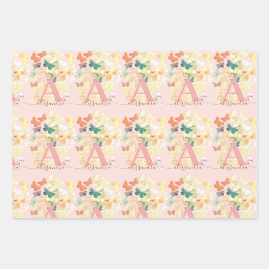 modern elegant butterfly monogram zwarte gouden na inpakpapier vel (Voorkant)