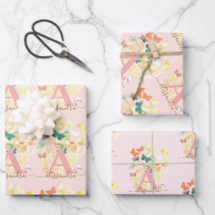 modern elegant butterfly monogram zwarte gouden na inpakpapier vel