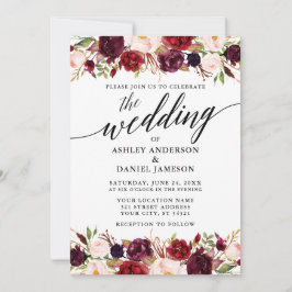 Modern Elegant Calligraphy Burgundy Floral Wedding Kaart