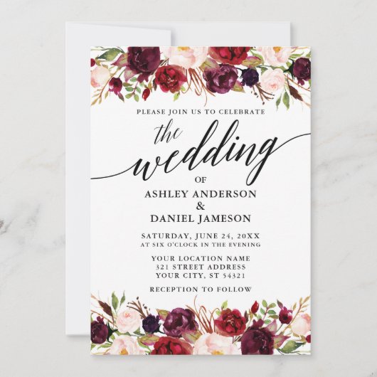 Modern Elegant Calligraphy Burgundy Floral Wedding Kaart (Voorkant)