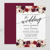 Modern Elegant Calligraphy Burgundy Floral Wedding Kaart (Voorkant / Achterkant)