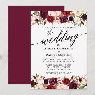 Modern Elegant Calligraphy Burgundy Floral Wedding Kaart