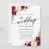 Modern Elegant Calligraphy Burgundy Floral Wedding Kaart (Voorkant)
