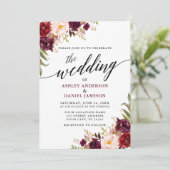 Modern Elegant Calligraphy Burgundy Floral Wedding Kaart (Staand voorkant)