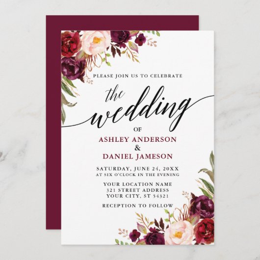 Modern Elegant Calligraphy Burgundy Floral Wedding Kaart (Voorkant / Achterkant)
