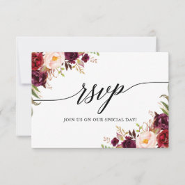 Modern Elegant Calligraphy Burgundy Floral Wedding RSVP Kaartje