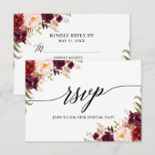 Modern Elegant Calligraphy Burgundy Floral Wedding RSVP Kaartje (Voorkant / Achterkant)