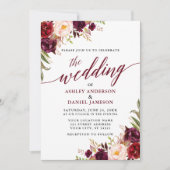 Modern Elegant Calligraphy Floral Burgundy Wedding Kaart (Voorkant)