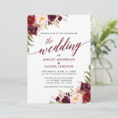 Modern Elegant Calligraphy Floral Burgundy Wedding Kaart (Staand voorkant)