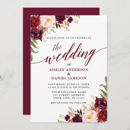 Modern Elegant Calligraphy Floral Burgundy Wedding Kaart (Voorkant / Achterkant)