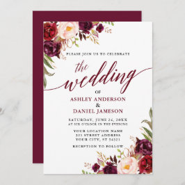 Modern Elegant Calligraphy Floral Burgundy Wedding Kaart