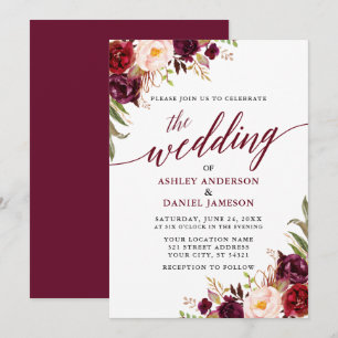 Modern Elegant Calligraphy Floral Burgundy Wedding Kaart