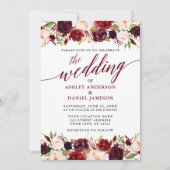 Modern Elegant Calligraphy Floral Burgundy Wedding Kaart (Voorkant)