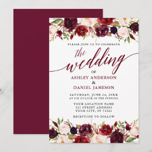 Modern Elegant Calligraphy Floral Burgundy Wedding Kaart