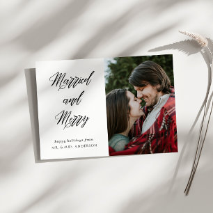 Modern Elegant Calligraphy Married and Merry Photo Briefkaart