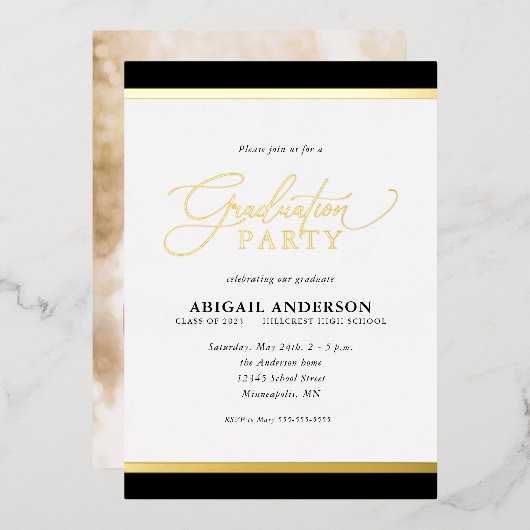 Modern Elegant Calligraphy Photo Afstuderen Gold Folie Uitnodiging (Voorkant / Achterkant)