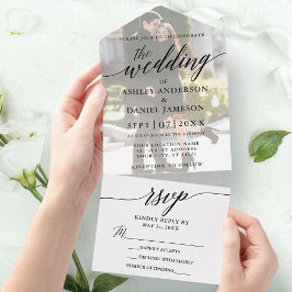 Modern Elegant Calligraphy Photo Overlay Wedding All In One Uitnodiging