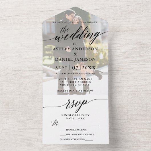 Modern Elegant Calligraphy Photo Overlay Wedding All In One Uitnodiging (Binnen)