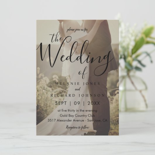 Modern Elegant Calligraphy Photo Overlay Wedding Kaart (Staand voorkant)