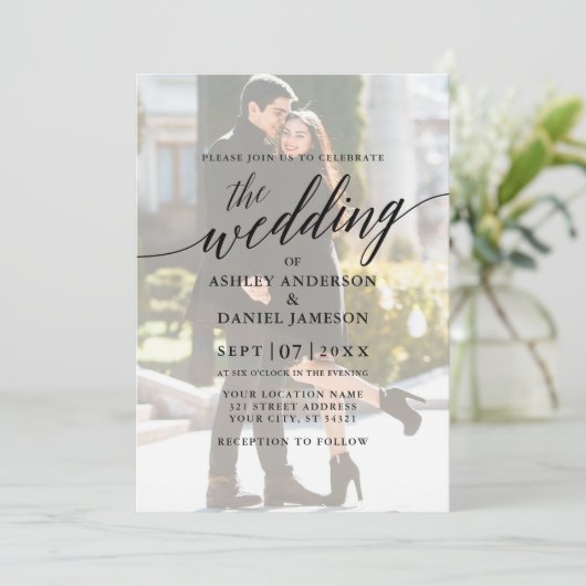 Modern Elegant Calligraphy Photo Overlay Wedding Kaart (Staand voorkant)