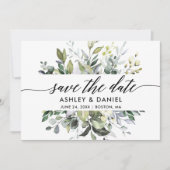 Modern Elegant Calligraphy Waterverf Greenery Save The Date (Voorkant)