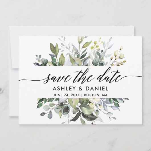 Modern Elegant Calligraphy Waterverf Greenery Save The Date (Voorkant)