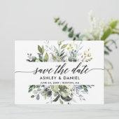Modern Elegant Calligraphy Waterverf Greenery Save The Date (Staand voorkant)